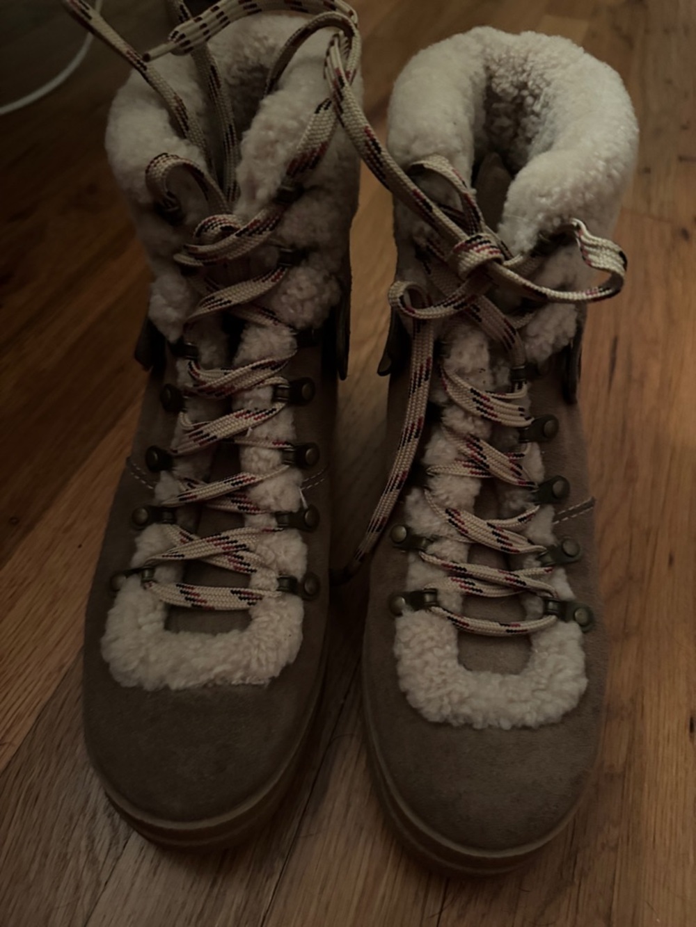 See By Chloe Taupe Suede Shearling Lace-Up Winter Boots